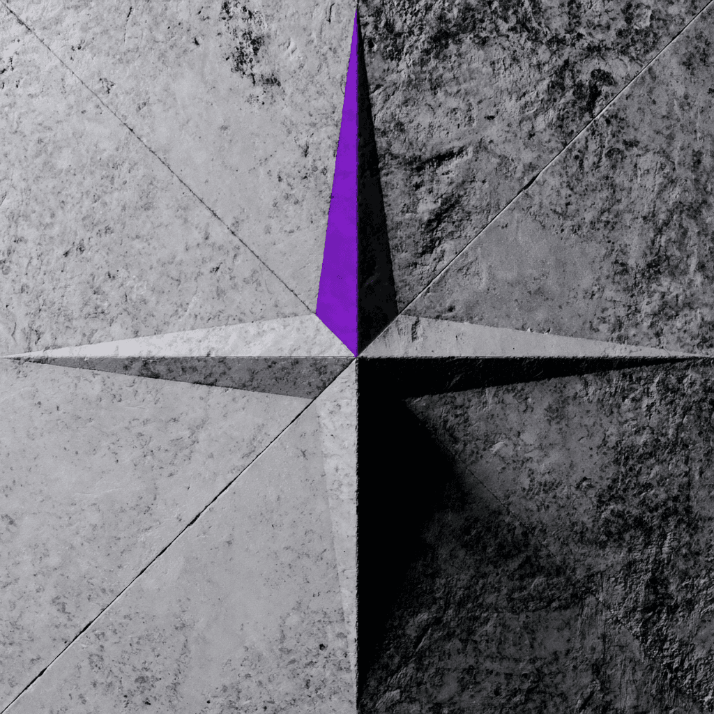Boussole sculptée dans le béton, sa pointe nord surlignée en violet