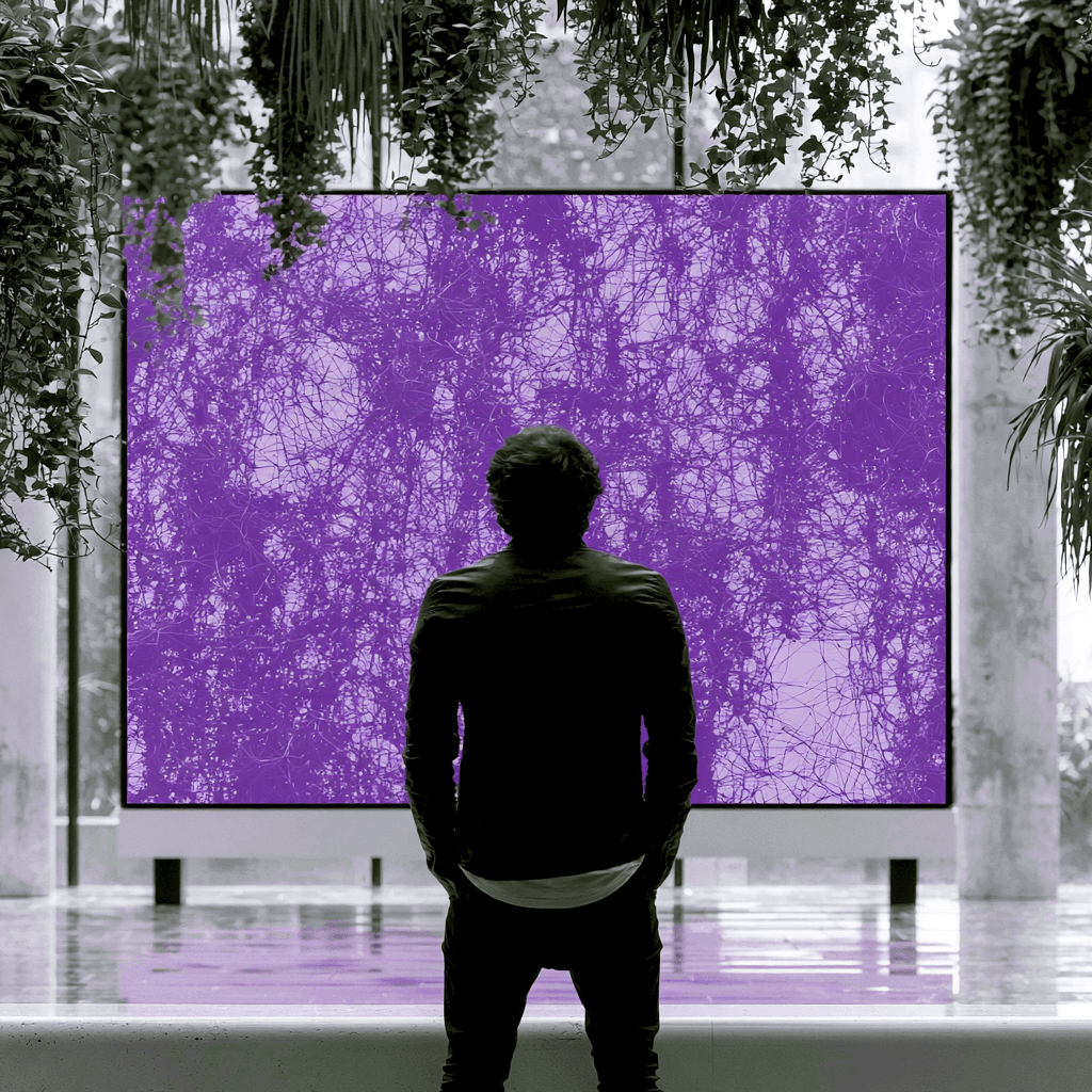 Silhouette d'une personne face à un grand écran violet figurant un réseau de neurones, dans une salle lumineuse végétalisée